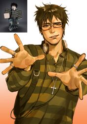  1boy backpack bag bead_bracelet beads black-framed_eyewear bracelet brown_eyes brown_hair cross cross_necklace earrings eyebrow_piercing face_piercing furrowed_brow game_screenshot_inset gradient_background green_shirt half-closed_eyes hands_up headphones headphones_around_neck henley_shirt highres jewelry kunnuscumnus long_sleeves multiple_rings necklace open_hands orange_background piercing player_character_(roblox) raised_eyebrow rectangular_eyewear reference_inset ring roblox shirt short_hair silver_necklace single_earring smirk striped_clothes striped_shirt teeth two-tone_background upper_body white_background 