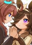  2girls absurdres ahoge animal_ears black_jacket blue_eyes blush bow_hairband brown_dress brown_hair closed_mouth dress eye_contact hair_over_one_eye hairband highres holding_hands horse_ears jacket long_hair long_sleeves looking_at_another mihono_bourbon_(umamusume) multiple_girls rice_shower_(umamusume) roppaku smile tearing_up umamusume upper_body violet_eyes 