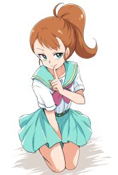  1girl aozora_middle_school_uniform aqua_belt aqua_sailor_collar aqua_skirt belt between_legs closed_mouth collarbone commentary finger_to_mouth green_eyes hand_up highres index_finger_raised kneeling legs_together long_hair looking_at_viewer mature_female miniskirt natsuumi_aoi neckerchief orange_hair pink_neckerchief pleated_skirt ponytail precure sailor_collar school_uniform serafuku shirt shirt_tucked_in short_sleeves simple_background skirt smile socks solo split_mouth summer_uniform tropical-rouge!_precure uraki white_background white_shirt white_socks 