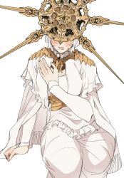  1boy blush breasts closed_mouth dark_souls_(series) dark_souls_i dark_sun_gwyndolin dress gold_headwear helmet highres male_focus short_hair simple_background solo spiked_helmet white_background zunkome 