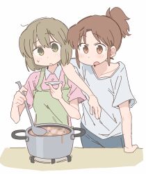  2girls apron blonde_hair blue_pants brown_hair buttons city_(arawi_keiichi) closed_mouth collared_shirt commentary cooking_pot dot_nose food green_apron green_eyes highres holding holding_plate holding_spoon long_hair looking_at_object multiple_girls nagumo_midori niikura_(city) off-shoulder_shirt off_shoulder open_mouth pants pink_shirt plate ponytail shirt short_hair short_sleeves sidelocks simple_background spoon table white_background white_shirt wichimi 