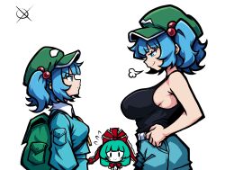  2girls arianne20131 backpack bag blue_eyes breasts green_hair green_hat hands_on_own_hips hat highres jewelry kagiyama_hina kawashiro_nitori key key_necklace large_breasts looking_at_another multiple_girls necklace nervous smug touhou 