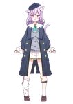 1girl :3 alternate_costume alternate_hairstyle animal_ears black_jacket cat_ears cat_girl cat_tail commentary_request full_body hololive ixy jacket looking_at_viewer loose_socks nekomata_okayu pleated_skirt purple_hair short_hair simple_background single_loose_sock single_sock skirt smile socks solo standing tail violet_eyes virtual_youtuber white_background white_skirt 