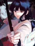  1girl black_hair bow_(weapon) brown_eyes closed_mouth hakama highres holding holding_bow_(weapon) holding_weapon inuyasha japanese_clothes kikyou_(inuyasha) kimono lips long_hair low_ponytail miko ponytail purii red_hakama solo spirit weapon white_kimono 