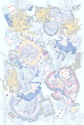  2girls ace_(playing_card) ace_of_clubs ace_of_diamonds against_tree alice's_adventures_in_wonderland alice_(alice_in_wonderland) apron back_bow bird block_heels blonde_hair blue_bow blue_dress blue_eyes blue_hairband blue_shoes blush bow bow_apron bow_hairband card cat cheshire_cat_(alice_in_wonderland) closed_eyes club_(shape) club_picture_frame cup diamond_(shape) diamond_picture_frame dress drink_me_potion falling fingernails five_of_diamonds flamingo floating_hair flower four_of_hearts frilled_dress frills grin hair_bow hairband hat hat_bow heart heart-shaped_picture_frame highres jacket king_(playing_card) king_of_spades legs_up liu_dalizi_-_ai_huan_qunzi long_hair looking_at_viewer mad_hatter_(alice_in_wonderland) monocle multicolored_jacket multiple_girls multiple_views mushroom open_mouth pantyhose pastel_colors photo_(object) picture_frame pink_nails playing_card pocket_watch potion queen_(playing_card) queen_of_hearts_(playing_card) rabbit reading red_bow rose saucer seven_of_hearts shoes smile spade_(shape) spade_picture_frame striped_clothes striped_pantyhose teacup teapot ten_of_clubs ten_of_spades three_of_spades top_hat tree two-tone_jacket upside-down watch white_apron white_bow white_fur white_rabbit_(alice_in_wonderland) yellow_bow 