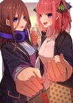  2girls :d absurdres assertive_female black_jacket black_ribbon blue_eyes blunt_bangs blush breasts brown_hair butterfly_hair_ornament clenched_hand collared_shirt commentary embarrassed eyelashes eyes_visible_through_hair fingernails foreshortening gift_bag go-toubun_no_hanayome hair_ornament hair_over_one_eye hair_ribbon half_updo hand_up headphones headphones_around_neck highres jacket large_breasts light_particles long_hair long_sleeves looking_at_viewer medium_hair multiple_girls nakano_miku nakano_nino open_clothes open_jacket open_mouth pink_hair pov reaching_towards_viewer red_ribbon ribbon shirt siblings sidelocks sisters smile straight_hair tamago_sando teeth twins upper_teeth_only valentine white_shirt 