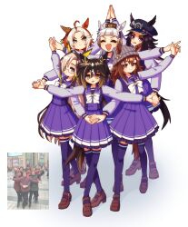  6+girls absurdres ahoge animal_ears beanie black_hair blue_eyes blunt_bangs blush bow bowtie breasts brown_eyes brown_hair brown_hat closed_eyes closed_mouth commentary dream_journey_(umamusume) ear_bow ear_covers ear_ornament ear_ribbon ears_through_headwear eyewear_strap fenomeno_(umamusume) flipped_hair glasses gold_ship_(umamusume) grey_hair grey_hat hair_between_eyes hat highres holding_hands horse_ears horse_girl horse_tail horseshoe_hat_ornament horseshoe_ornament kitnoko long_hair long_sleeves looking_at_viewer multicolored_hair multiple_girls nakayama_festa_(umamusume) open_mouth orange_hair orfevre_(umamusume) peaked_cap photo-referenced pillbox_hat ponytail purple_hair purple_sailor_collar purple_serafuku purple_shirt purple_skirt purple_thighhighs reference_inset reference_photo sailor_collar sailor_shirt school_uniform serafuku shirt shoes simple_background single_ear_cover skirt smile star_(symbol) stay_gold_(umamusume) stay_gold_clan_(umamusume) streaked_hair striped_hat symbol-only_commentary tail thigh-highs tracen_school_uniform two-tone_hair umamusume violet_eyes white_background white_bow white_bowtie white_hair 
