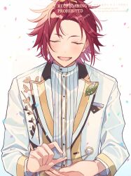  1boy bangs_pinned_back closed_eyes commentary_request ensemble_stars! facing_viewer fingernails highres holding holding_jewelry holding_ring isara_mao jewelry lapels long_sleeves lower_teeth_only male_focus official_alternate_costume open_mouth peaked_lapels ring ring_(ensemble_stars!) short_hair signature simple_background solo teeth upper_body watermark white_background zu_tonatuyasumi 