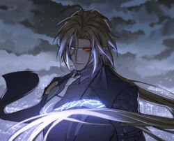  1boy ahoge blonde_hair blue_coat blurry blurry_background blurry_foreground chihuahuarien closed_mouth clouds cloudy_sky coat commentary ear_piercing earrings english_commentary glowing glowing_eyes glowing_hair glowing_neckwear grey_eyes hair_between_eyes half-closed_eyes heterochromia highres hugo_vlad jewelry long_hair looking_at_viewer male_focus medallion mole mole_under_eye necktie night night_sky outdoors piercing pointy_ears purple_necktie purple_shirt red_eyes shirt sky smile solo star_(sky) starry_sky upper_body v-shaped_eyebrows zenless_zone_zero 