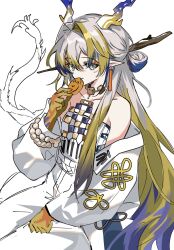  1girl arknights bare_shoulders bead_bracelet beads blonde_hair blue_eyes blue_hair blush bracelet closed_mouth collarbone commentary_request dragon_girl dragon_horns earrings flower_knot food gold_necklace grey_hair hair_between_eyes hair_bun hair_ornament hair_stick hand_up highres holding holding_food horns jacket jewelry korean_commentary lapels long_hair long_sleeves looking_at_viewer mooncake multicolored_hair necklace open_clothes open_jacket pants pointy_ears puffy_long_sleeves puffy_sleeves red_pupils shu_(arknights) sidelocks simple_background sitting smile solo syst098 tank_top white_background white_jacket white_pants white_tank_top 