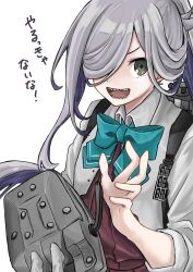  1girl adapted_turret ahoge aqua_bow aqua_bowtie asame_(asanome344) asashimo_(kancolle) asashimo_kai_ni_(kancolle) back-to-back bow bowtie brown_dress dress grey_eyes grey_hair grey_jacket hair_over_one_eye halter_dress halterneck hashtag-only_commentary highres jacket kantai_collection long_hair ponytail sharp_teeth sleeves_rolled_up smile solo teeth translation_request 