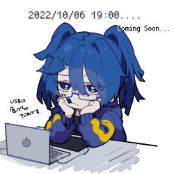  1girl barcode barcode_tattoo blue_eyes blue_hair blue_jacket bright_pupils commentary_request computer dated english_text food-themed_hair_ornament frown hair_between_eyes hair_ornament hatsune_miku highres jacket laptop long_sleeves looking_at_viewer nekoma_hikaru simple_background solo spring_onion_hair_ornament tattoo translation_request twintails usb vocaloid white_background white_pupils 