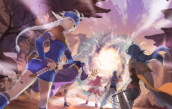  2boys 3girls anais_del_caril ankle_boots arm_wrap baggy_pants bare_shoulders bare_tree belt belt_pouch black_bustier black_pants black_shoes black_socks blue_boots blue_dress blue_hair blue_headband blue_shirt blue_sleeves boots boris_jinneman bow breasts brown_belt brown_capelet brown_pantyhose brown_shirt bustier capelet coat collared_capelet collared_shirt combat_knife commentary_request crossed_belts detached_sleeves don't_call_them_bitches_bro!_(meme) dress dutch_angle expressionless floating_hair from_behind grey_eyes grey_hair headband high_heels highres holding holding_knife holding_sheath holding_sword holding_weapon huge_weapon isaac_ducastel juliet_sleeves knee_boots kneehighs knife korean_commentary left-handed legs_apart long_hair long_skirt long_sleeves looking_back medium_breasts meme multiple_belts multiple_boys multiple_girls muscular muscular_male narrow_waist nayatrei nexon official_art open_hand outdoors outline pants pantyhose pink_boots pink_dress pink_ribbon portal_(object) pouch puffy_sleeves pumps purple_skirt purple_sleeves red_bow ribbon ribbon-trimmed_socks ribbon_trim roamini sang_ah_yoon sheath shirt shoes skirt sleeveless sleeveless_dress sleeveless_shirt socks standing straight_hair sword tales_weaver tree turtleneck_capelet twisted_torso unsheathing very_long_hair walking wavy_hair weapon white_coat white_hair white_outline white_pants white_sleeves white_socks wide_sleeves wristband 