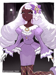  1girl ascot dark-skinned_female dark_skin dress fascinator fishnet_pantyhose fishnets frilled_ascot frills gloves gold_ring hair_ornament highres jacinthe_(pokemon) juliet_sleeves long_hair long_sleeves looking_at_viewer low_drills mayotsunamayo mega_stone open_mouth pantyhose pokemon pokemon_legends:_z-a puffy_sleeves purple_dress purple_hair smile solo sparkle teeth upper_teeth_only very_dark_skin violet_eyes white_gloves 