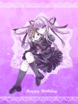  1girl bini_(xocolatl_501) black_footwear black_jacket black_skirt black_socks braid brown_hair danganronpa_(series) danganronpa_kirigiri doll_hug dress_shirt frown happy_birthday highres jacket kirigiri_kyouko kneehighs long_sleeves naegi_makoto object_hug open_clothes open_jacket pink_background pink_eyes pink_hair pleated_skirt shirt shoes skirt socks solo twin_braids twintails white_background 