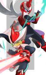  2boys black_bodysuit bodysuit boots brown_eyes clenched_hand commentary_request energy_sword gloves helmet highres male_focus mega_man_(series) mega_man_battle_network_(series) multiple_boys open_mouth pechka proto_soul protoman.exe red_helmet sword weapon 
