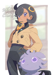  1girl black_bodysuit black_gloves black_hair blush bodysuit breasts brown_jacket closed_mouth dark-skinned_female dark_skin emma_(pokemon) espurr finger_to_own_chin gloves hair_ornament highres jacket latex latex_bodysuit mega_stone orange_gloves pokemon pokemon_(creature) pokemon_legends:_z-a serizawa_serizane short_hair two-tone_gloves violet_eyes 