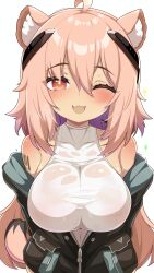  1girl absurdres ahoge animal_ear_fluff animal_ears arknights babalababa barcode barcode_tattoo bare_shoulders black_jacket blush bodysuit breasts bright_pupils commentary_request gravel_(arknights) highres huge_breasts jacket looking_at_viewer medium_hair off_shoulder one_eye_closed open_mouth partially_open_jacket pink_hair red_eyes simple_background sleeveless smile solo sweat tail tattoo upper_body white_background white_bodysuit 