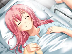  1boy 1girl 1other ^_^ aged_up asahina_hiyori_(hara_hara!!) bed bed_sheet blush closed_eyes closed_mouth collarbone crossed_arms floor from_above fumizuki_yukari game_cg hara_hara!! holding_hands hospital hospital_bed hospital_gown indoors jewelry lab_coat long_hair looking_at_viewer lower_body lying on_back on_bed pillow pink_hair pov pov_hands ring sidelocks smile standing tareme third-party_source under_covers upper_body variant_set wedding_ring 