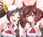  +_+ 2girls alternate_costume animal_ears apron black_hair blush breasts brown_eyes commentary_request fang hair_between_eyes hair_ornament hat highres horse_ears horse_girl kashiiyou large_breasts long_hair looking_at_viewer marvelous_sunday_(umamusume) medium_breasts medium_hair multiple_girls nice_nature_(umamusume) open_mouth pink_background portrait redhead simple_background smile twintails umamusume yellow_eyes 
