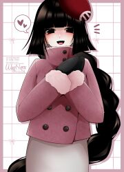  1girl beret black_eyes black_hair black_mittens blunt_bangs blush braid braided_ponytail breasts buttons double-breasted eyeliner fate/grand_order fate_(series) hat highres jacket komahime_(fate) long_hair long_sleeves looking_at_viewer makeup mittens open_mouth pink_jacket red_hat skirt small_breasts smile solo very_long_hair wagu_neru white_skirt 