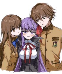 1boy 2girls bb_(fate) bb_(fate/extra) bisexual_female blush brown_eyes brown_hair brown_jacket fate/extra fate/extra_ccc fate_(series) hair_ribbon height_difference highres jacket kishinami_hakuno_(female) kishinami_hakuno_(male) long_hair long_sleeves looking_at_another looking_at_viewer multiple_girls neck_ribbon purple_hair red_ribbon ribbon school_uniform short_hair simple_background sweat syst098 tsukumihara_academy_uniform_(fate/extra) very_long_hair violet_eyes white_background 