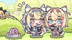  6+girls absurdres animal_ear_fluff animal_ears bandaid bandaid_hair_ornament bear_trap belt blonde_hair blue_eyes blue_hair blush_stickers bush chibi collar commentary dog_ears dog_tail doughnut dress elizabeth_rose_bloodflame english_commentary fangs fire food fuwawa_abyssgard fuwawa_abyssgard_(1st_costume) gigi_murin hair_intakes hair_ornament hairband hairclip highres hololive hololive_english huusri jacket medium_hair mococo_abyssgard mococo_abyssgard_(1st_costume) multicolored_hair multiple_girls navel open_mouth panther_tail pink_eyes pink_hair pon_de_ring raora_panthera short_hair smile streaked_hair tail tree two_side_up virtual_youtuber white_dress white_hair winding_key 