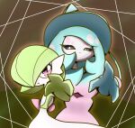  2girls arm_up black_sclera blue_hair bob_cut closed_mouth colored_sclera colored_skin commentary dot_mouth flat_chest gardevoir green_hair green_skin hair_over_one_eye hat hatterene highres long_hair looking_at_another looking_at_viewer multicolored_hair multicolored_skin multiple_girls one_eye_covered orange_outline outstretched_arm pink_hair pokemon pokemon_(creature) prehensile_hair reaching_towards_viewer red_eyes short_hair sidelocks standing two-tone_hair two-tone_skin upper_body very_long_hair white_eyes white_skin witch_hat yuri_(pixiv_76483886) 