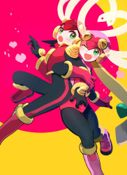  2girls black_bodysuit blush bodysuit boots commentary_request gloves green_eyes happy heart helmet locked_arms looking_at_another mega_man_(series) mega_man_battle_network_(series) multiple_girls one_eye_closed open_mouth pechka pink_boots pink_gloves pink_helmet red_boots roll.exe_(mega_man) 