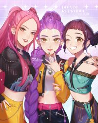 3girls black_gloves black_hair black_nails body_markings braid braided_ponytail choker commentary cowboy_shot cropped_jacket double_bun earrings eyeshadow fingerless_gloves gloves hair_bun halterneck highres jewelry kpop_demon_hunters long_hair looking_at_viewer makeup mira_(kpop_demon_hunters) miviy19 multiple_girls necklace one_eye_closed pink_hair purple_hair ring rumi_(kpop_demon_hunters) short_bangs sidelocks skirt smile sparkle turtleneck twintails twitter_username yellow_skirt zoey_(kpop_demon_hunters) 