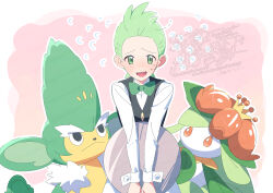  1boy black_vest blush bow bowtie cilan_(pokemon) closed_mouth colored_sclera colored_skin flower green_bow green_eyes green_hair hair_flower hair_ornament lilligant long_sleeves monkey monster_girl open_mouth orange_flower orange_sclera plant_girl plant_hair pokemon pokemon_(creature) pokemon_bw red_eyes serizawa_serizane shirt short_hair simisage sweat traditional_bowtie vest white_shirt white_skin 