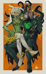  1boy 1girl absurdres alien antennae armor black_cape black_eyes boots border bright_pupils cape colored_sclera colored_skin commission couple crossed_legs english_commentary fake_horns fingernails green_armor green_sclera green_skin grey_eyes guardians_of_the_galaxy heart hetero highres horned_headwear horns icklaa invisible_chair loki_(all-butcher)_(marvel) loki_(marvel) long_fingernails long_hair looking_to_the_side mantis_(marvel) marvel marvel_rivals official_alternate_costume orange_background parted_lips pointy_ears sharp_fingernails short_hair sitting sitting_on_lap sitting_on_person smile thor_(marvel)_(series) torn_cape torn_clothes white_boots white_border white_hair white_pupils 