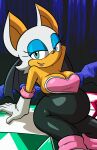  1girl absurdres axel_rosered bat_wings belly big_belly breasts curvy fat highres large_breasts lipstick makeup master_emerald plump rouge_the_bat sitting smile smirk solo sonic_(series) thick_thighs thighs wings 