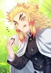  1boy :q blonde_hair cape closed_mouth demon_slayer_uniform food forked_eyebrows highres holding holding_food kimetsu_no_yaiba long_hair male_focus multicolored_hair onigiri open_mouth orange_eyes redhead remsor076 rengoku_kyoujurou solo tongue tongue_out two-tone_hair 