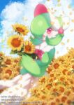  1girl artist_name blue_sky blurry blush bob_cut bonnet bow bowtie breasts capelet clouds colored_skin commentary day depth_of_field dutch_angle edna_faline email_address english_commentary flower gardevoir gardevoir_(fashionable) green_hair green_skin hair_over_one_eye hands_up happy holding holding_flower looking_at_viewer medium_breasts multicolored_skin one_eye_covered open_mouth outdoors own_hands_together petals pink_bow pink_bowtie pixiv_id pokemon pokemon_(creature) pokemon_(game) pokemon_unite red_eyes short_hair sky smile solo standing sunflower twitter_username two-tone_skin watermark web_address white_capelet white_headwear white_skin yellow_flower 