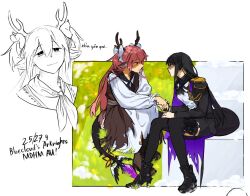  2girls aiguillette akemi_homura alternate_costume antlers ascot avanes_d black_ascot black_dress black_hair black_shoes black_sleeves black_thighhighs blush bow cape commentary deer_antlers deer_girl dress grass hair_bow high_heels holding_hands horns kaname_madoka lizard_tail long_hair long_sleeves looking_at_another mahou_shoujo_madoka_magica multiple_girls multiple_views pink_hair pouch purple_cape red_ribbon reptile_girl ribbon shirt shoes shoulder_pads sidelocks sitting sketch smile symbol-only_commentary tail tail_ornament tail_ribbon thigh-highs thigh_pouch white_bow white_shirt white_sleeves yuri zettai_ryouiki 