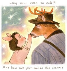  1boy 1girl ? animal_ears animal_nose antlers arthur_morgan aura belle_(kunnuscumnus) black_hat black_neckerchief blonde_hair blue_eyes blue_shirt border braid brown_hair closed_mouth collared_shirt colored_skin cowboy cowboy_hat cowboy_western deer_antlers deer_boy deer_ears english_commentary english_text fading_border falling_star from_side furrification furry hair_over_one_eye hand_on_another's_face hat height_difference highres horns kunnuscumnus light_blush light_smile looking_at_another neckerchief no_sclera original rabbit_ears rabbit_girl rabbit_tail red_dead_redemption_(series) red_dead_redemption_2 shirt short_hair shoulder_belt single_braid sky sleeves_rolled_up star_(sky) starry_sky striped_clothes striped_shirt tail vertical-striped_clothes vertical-striped_shirt white_border white_shirt white_skin 