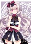  1girl beretta_crossrain blush bow commentary_request cowboy_shot crossed_arms grey_background grey_hair hair_bow highres indie_virtual_youtuber long_hair pink_eyes ringlets smile solo standing thigh-highs totomono virtual_youtuber white_background 