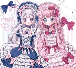  2girls accurate_lolita_coord blue_dress blush bonnet bow classic_lolita commentary commission dress fashion frills gloves hair_bow hashtag-only_commentary highres holding_hands lolita_fashion long_hair looking_at_viewer multiple_girls original pink_bow pink_dress pink_hair red_bow smile too_many too_many_frills white_hair yuni_(s_ribbon) 