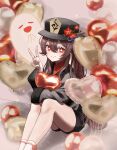  1girl black_shorts boo_tao_(genshin_impact) brown_hair chinese_clothes flower flower-shaped_pupils genshin_impact hat hat_ornament heart highres hu_tao_(genshin_impact) jewelry long_hair looking_at_viewer plum_blossoms porkpie_hat red_eyes red_shirt ring shirt shorts symbol-shaped_pupils thighs user_cdug5424 v 
