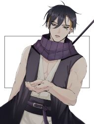  1boy balcony black_eyes blonde_hair boruto:_two_blue_vortex commentary dutch_angle earrings english_commentary eyebrow_piercing face_piercing facial_mark highres ifevilwhyuhot japanese_clothes jewelry kawaki_(boruto) light_frown male_focus multicolored_hair naruto_(series) obi pectoral_cleavage pectorals piercing purple_scarf sash scarf solo staff striped_clothes striped_scarf stud_earrings toned toned_male two-tone_hair undercut upper_body 