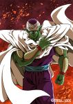  1boy absurdres cape clenched_hand closed_mouth colored_skin dougi dragon_ball dragon_ball_z fingernails green_skin highres long_fingernails looking_at_viewer multicolored_background namekian piccolo pointy_ears sash serious shinomiya_akino solo turban twitter_username white_cape 
