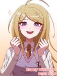  1girl :d ahoge akamatsu_kaede blonde_hair breasts brown_necktie collared_shirt danganronpa_(series) danganronpa_v3:_killing_harmony dated gradient_background hair_ornament hands_up happy_birthday highres large_breasts long_hair musical_note musical_note_hair_ornament necktie pink_sweater_vest shirt smile solo sparkle suiren_yurei sweater_vest teeth upper_body upper_teeth_only violet_eyes white_shirt 