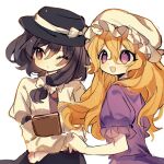  2girls :d ;o absurdres blonde_hair book bow brown_eyes dress hair_ribbon hat highres holding holding_book long_hair maribel_hearn mob_cap multiple_girls one_eye_closed puffy_short_sleeves puffy_sleeves purple_dress ribbon short_sleeves simple_background smile springarashi02 touhou tress_ribbon usami_renko very_long_hair violet_eyes white_background 