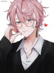  1boy bishounen black_sweater collared_shirt earrings glasses heart heart_hands highres holding jacket jewelry long_sleeves looking_at_viewer male_focus minase_(neo-porte) mole mole_under_eye multicolored_hair neo-porte octopus_hair_ornament pink_hair shirt short_hair single_earring smile solo streaked_hair sweater tassel tassel_earrings violet_eyes virtual_youtuber white_background white_hair white_shirt 