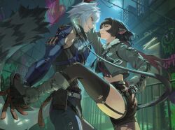 1boy 1girl against_wall animal_ears cat_boy jane_doe_(zenless_zone_zero) kabedon long_hair lynx_ears mouse_ears mouse_girl mouse_tail seth_lowell short_hair zenless_zone_zero