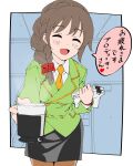  1girl black_skirt blush braid brown_hair cup dr._gero_(staedtler_0508) formal green_jacket grid_background hair_ornament hair_over_shoulder hair_scrunchie highres holding holding_cup holding_paper idolmaster idolmaster_cinderella_girls idolmaster_cinderella_girls_starlight_stage indoors jacket long_hair long_sleeves looking_at_viewer necktie office open_mouth orange_necktie paper paperclip pencil_skirt reaching_towards_viewer red_scrunchie scrunchie senkawa_chihiro shirt single_braid skirt smile solo watch watch white_shirt 