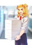  1boy black_pants blonde_hair blurry blurry_background colored_tips forked_eyebrows highres holding holding_paper kimetsu_gakuen kimetsu_no_yaiba male_focus multicolored_hair necktie open_mouth pants paper red_necktie redhead remsor076 rengoku_kyoujurou shirt smile solo teeth two-tone_hair upper_teeth_only white_shirt 