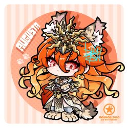  1girl :< ancient_greek_clothes animal_feet animal_hands arm_armor artist_logo augusta_(wuthering_waves) black_collar character_name closed_mouth collar commentary crossed_arms dog-san dress gradient_hair greco-roman_clothes hair_between_eyes headgear highres kemonomimi_mode logo long_hair looking_at_viewer multicolored_hair orange_hair red_eyes solo standing symbol-only_commentary white_dress wuthering_waves 