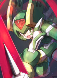  armor commentary_request facial_mark green_armor green_eyes green_helmet grey_background helmet holding holding_sword holding_weapon light_particles looking_at_viewer male_focus mega_man_(series) mega_man_zero_(series) open_mouth outstretched_arms pechka sage_harpuia_(mega_man) spread_arms swinging_weapon sword twitter_username weapon 